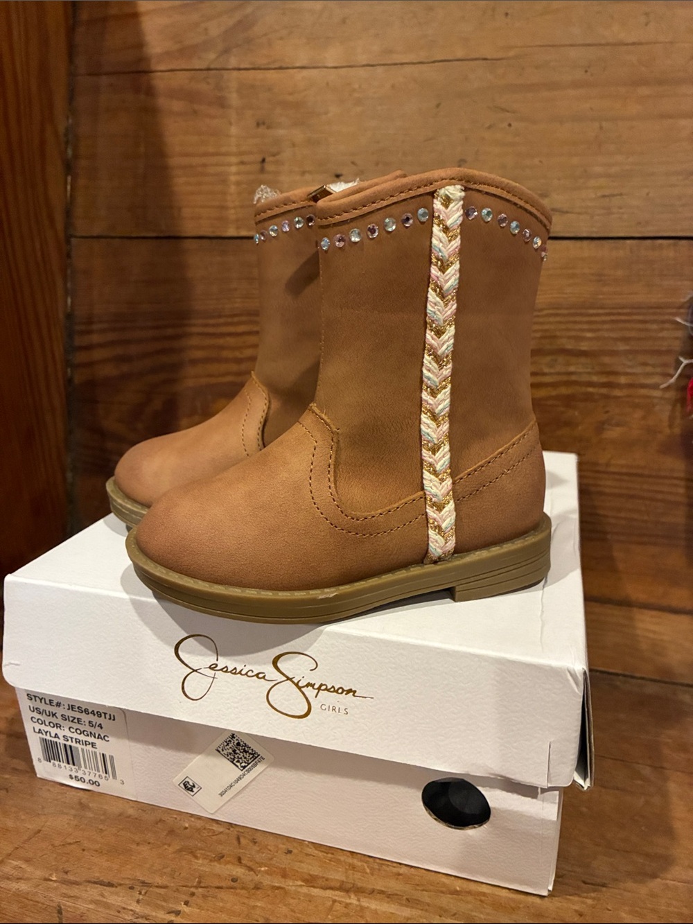 NIB Jessica Simpson Girls Cognac Pink Braided Trim Western Boots Sz 5
